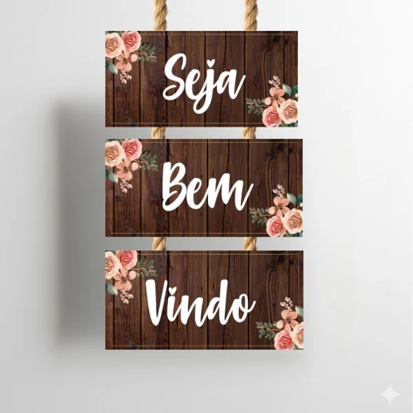 Placa Decorativa Pendente "Seja bem vindo" - Decoração Cristã com Flores