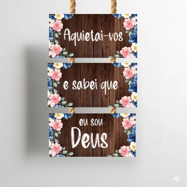 Placa Decorativa Pendente "Aquietai-vos e sabeis que eu sou Deus" - Decoração Cristã com Flores